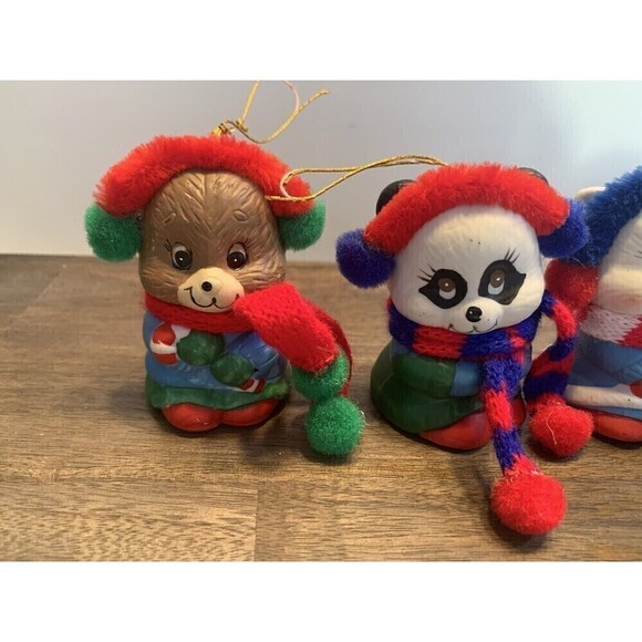Vintage Giftco Animal Ceramic Bell Christmas Ornaments Set Cat Dog Bear Panda - Picture 3 of 14